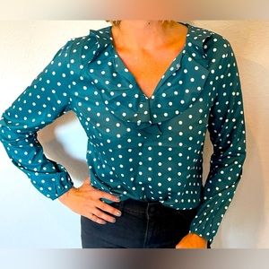 Womens Green & White Long Sleeve Polkadot Blouse, Size M